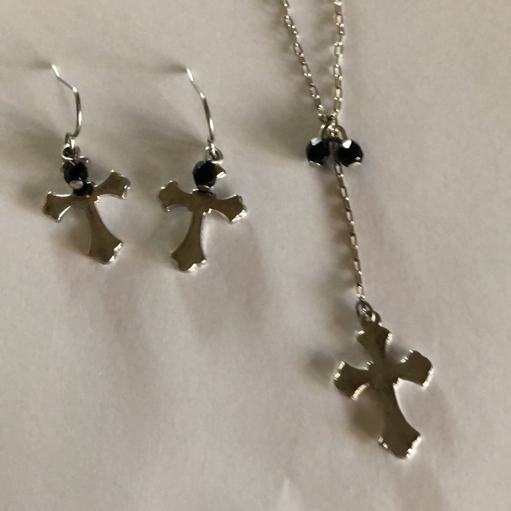Silver Tone Cross Necklace Earring Set
